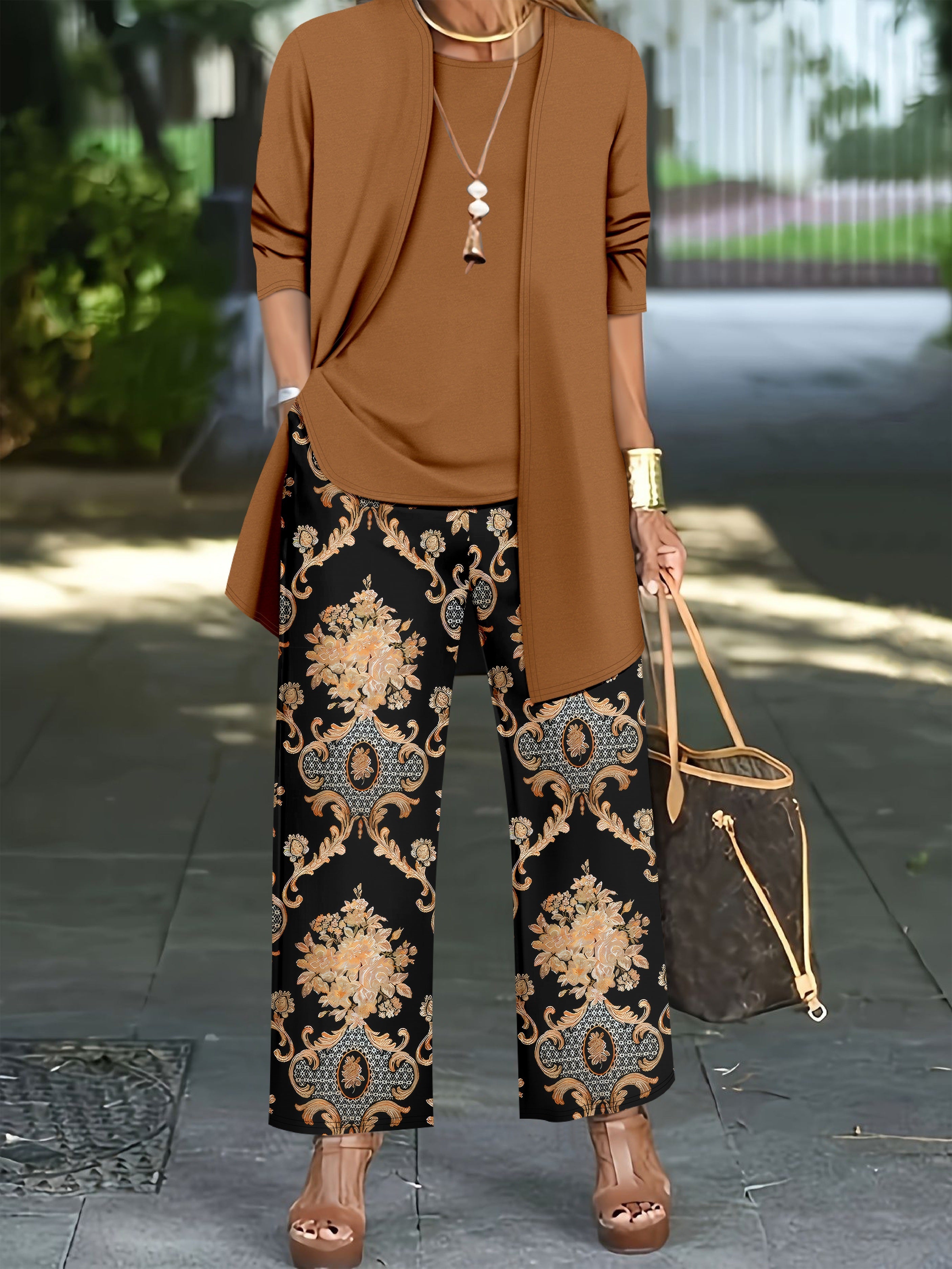 Women'S Elegant Plus Size Solid Color Cardigan and Tank Top Set with Paisley Print Pants - Stylish Three-Piece Outfit for Casual Attire, Casual Attire|Paisley Print Pants|Stretchy Fabric, Plus Size Clothing